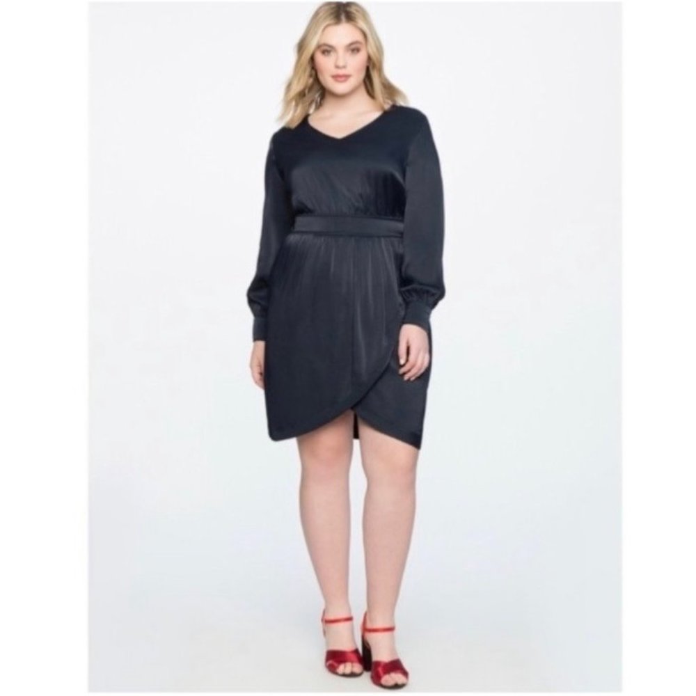 ELOQUII Women's Navy Satin Faux Wrap Padded Shoulders Long Sleeves Dress Size 16